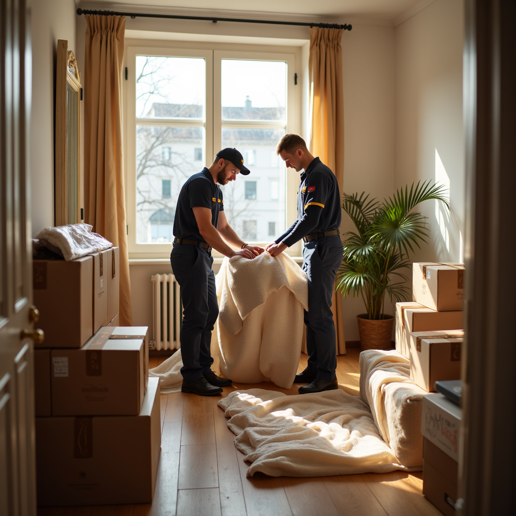 Zwei Umzugshelfer verpacken Möbel in einem Wohnzimmer.